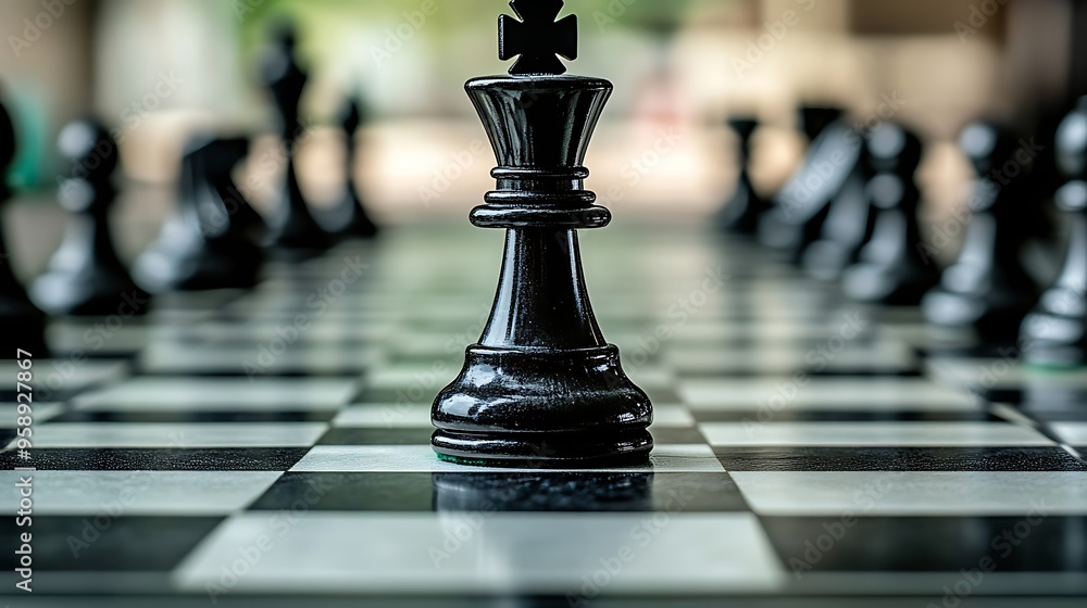 A black chess king stands tall on a checkered board, ready to face the opponent. A black chess king stands tall on a checkered board, ready to face the opponent.