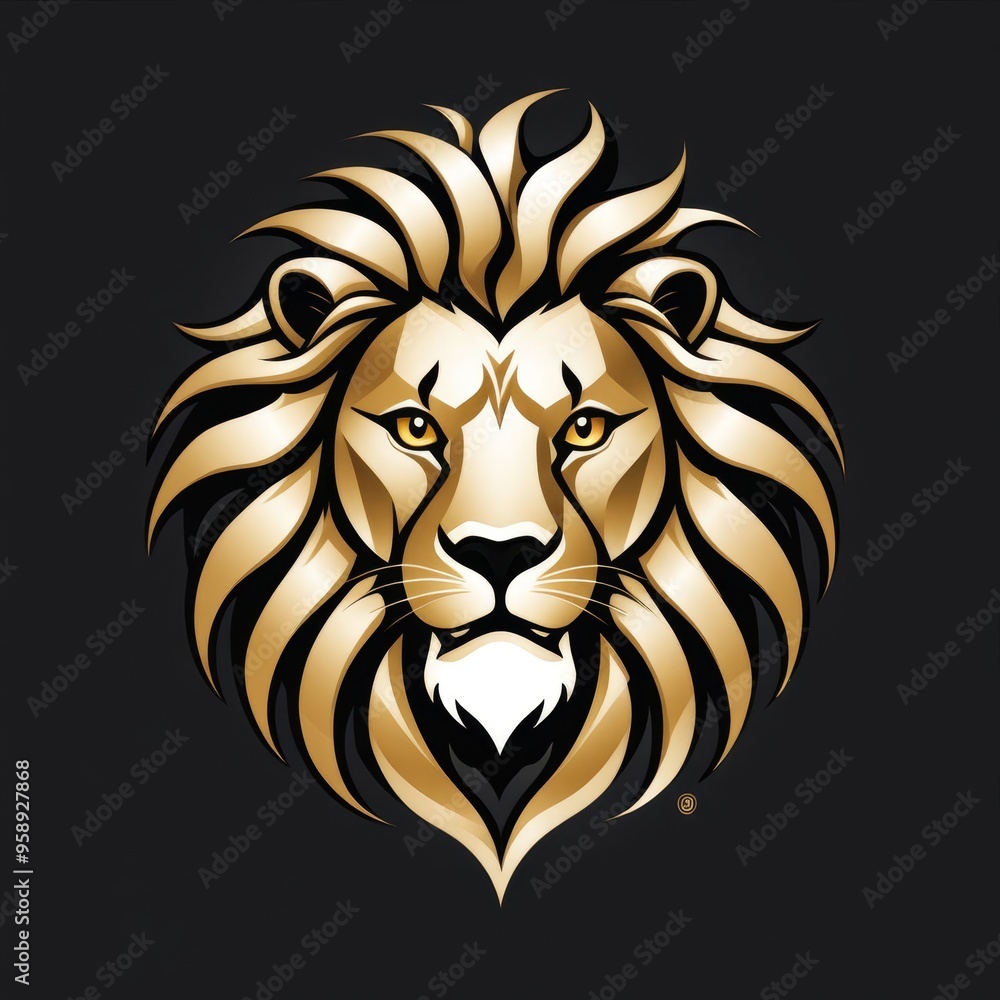 A majestic golden lion's head with a fierce expression on a black background. A majestic golden lion's head with a fierce expression on a black background.