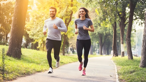 Fototapeta Naklejka Na Ścianę i Meble -  A young couple jogging together in a park on a sunny day.