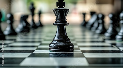 A black chess king stands tall on a checkered board, ready to face the opponent.