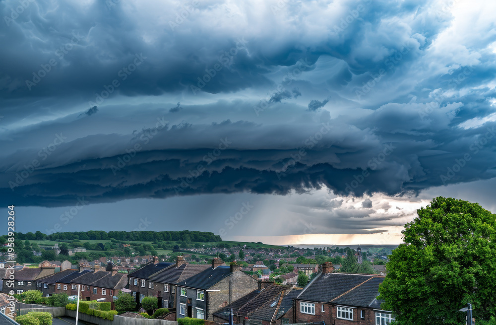 Fototapeta premium Dramatic storm clouds rolling in over a small tow with red brick houses. Yorkshire UK England with suburban houses and greenery. Powerful thunderstorm is approaching