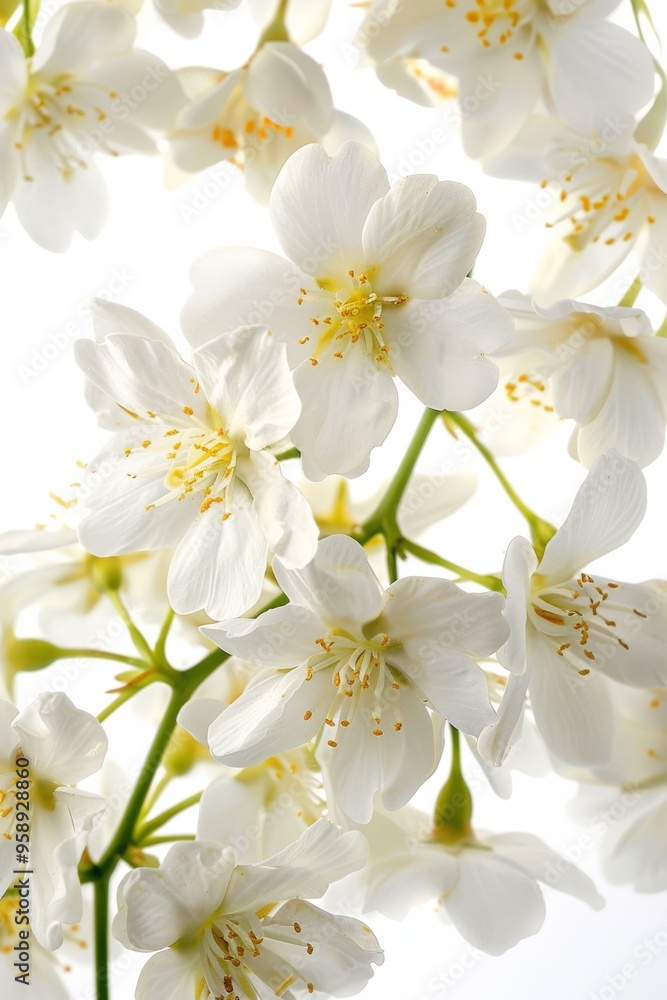 White jasmine flowers displayed in isolation on a white background, showcasing their delicate White jasmine flowers displayed in isolation on a white background, showcasing their delicate
