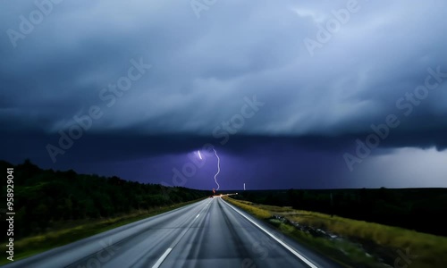 Dramatic stormy road with lightning in the distance and dark clouds 4K Video
