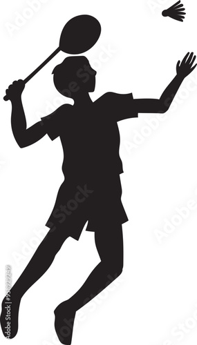 Badminton player silhouette illustration on transparent background.
