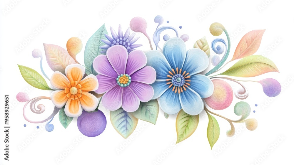 A vibrant arrangement of flowers and leaves in pastel colors, illustrating beauty and nature. A vibrant arrangement of flowers and leaves in pastel colors, illustrating beauty and nature.