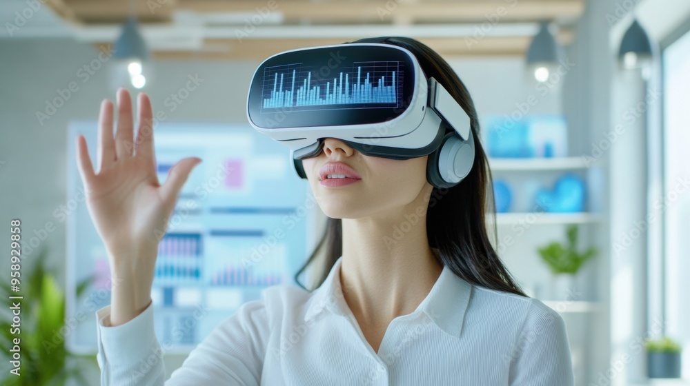 A woman wearing a virtual reality headset waving her hand, AI A woman wearing a virtual reality headset waving her hand, AI