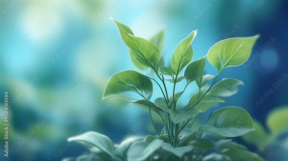 Obraz premium Digital Illustration of Growing Plant with Fresh Green Leaves | Vibrant Detail Against Blurry Blue Nature Background