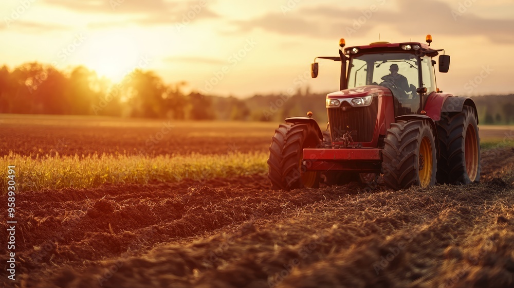A red tractor plowing a field during sunset, showcasing agricultural activity and rural landscape. A red tractor plowing a field during sunset, showcasing agricultural activity and rural landscape.