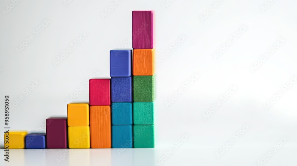 Creative bar graph made from colorful blocks, set against a white minimalist background Creative bar graph made from colorful blocks, set against a white minimalist background