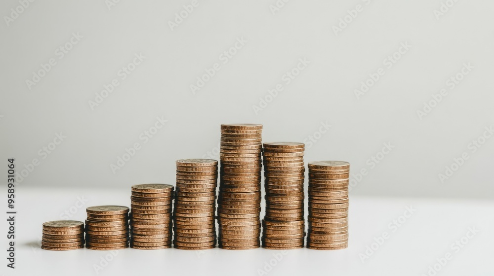 Creative bar chart with bars made of stacked coins, representing financial growth, white background Creative bar chart with bars made of stacked coins, representing financial growth, white background