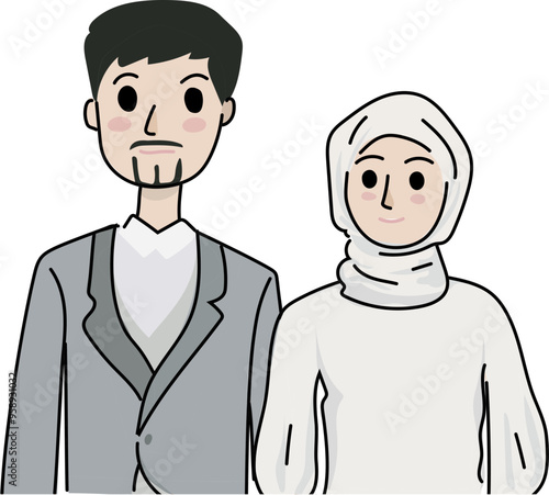 Cartoon bride and groom illustration on transparent background.
