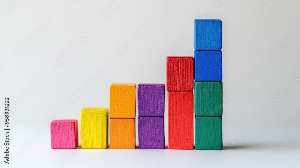 Creative bar graph made from colorful blocks, set against a white minimalist background Creative bar graph made from colorful blocks, set against a white minimalist background