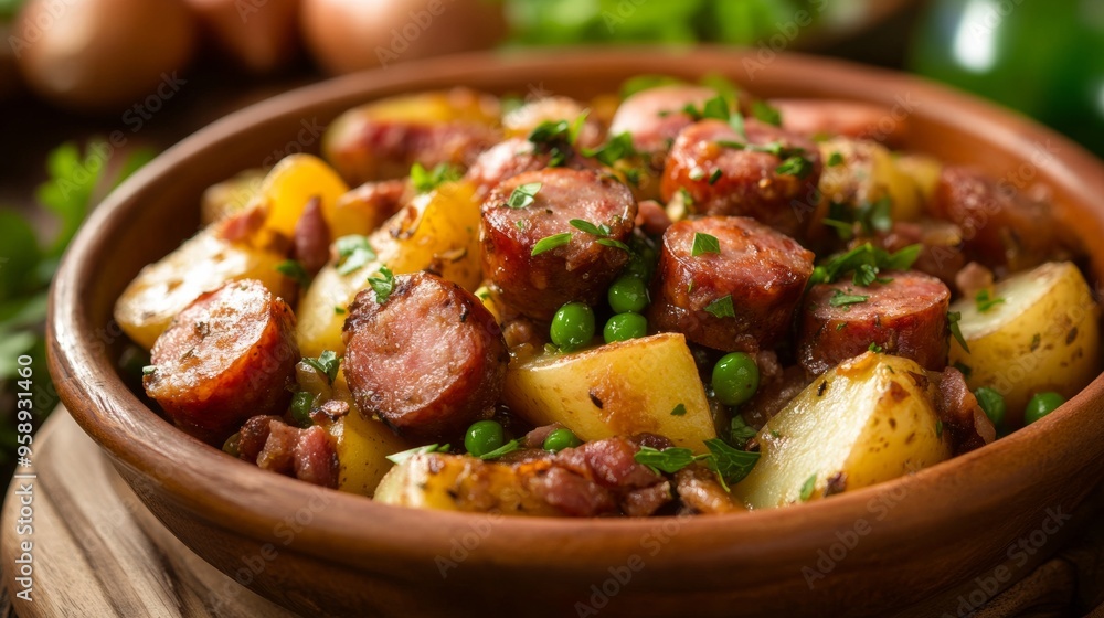 The national cuisine of Brazil: Sausage guizado with potatoes. The national cuisine of Brazil: Sausage guizado with potatoes.