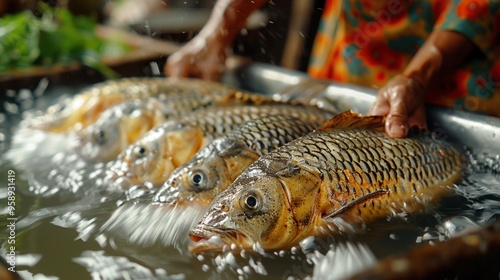 Tilapias, freshwater fish popular dishes for cooking . Raw food in market photo