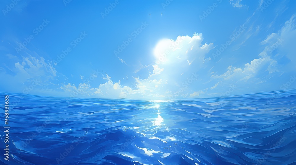 Obraz premium Serene Blue Water with Sun and Sky Reflections - Peaceful Water Ripples Background