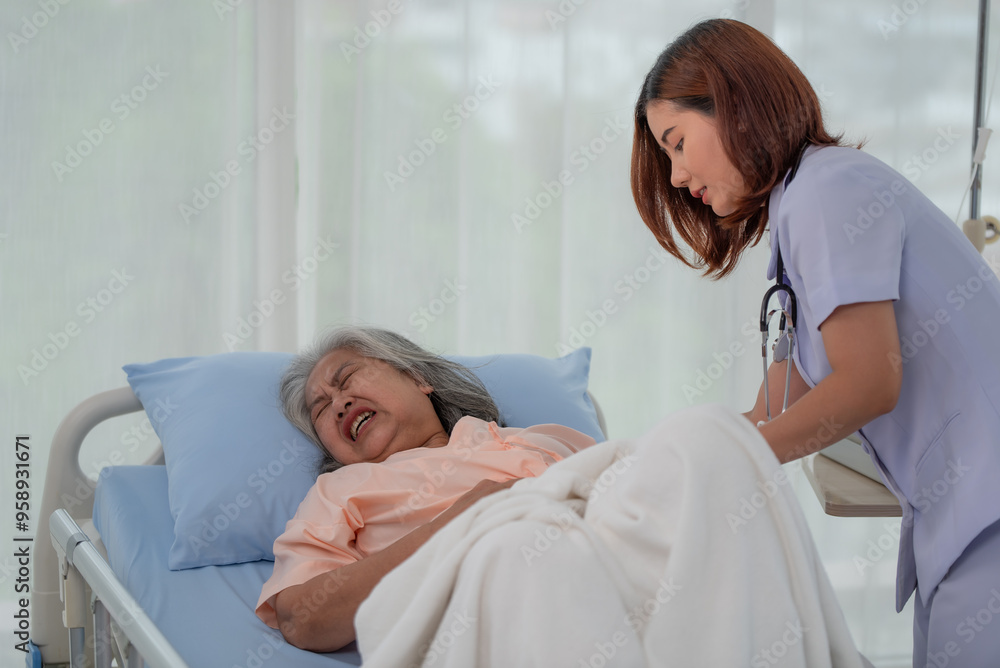 Fototapeta premium Asian nurse helping a senior Asian female patient with stomach ache on a bed in hospital