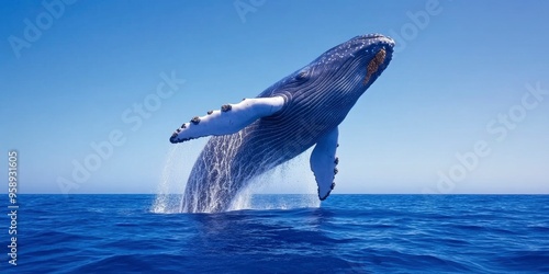 A moment of breathtaking force and grace as a gigantic blue whale breaches the ocean surface. photo