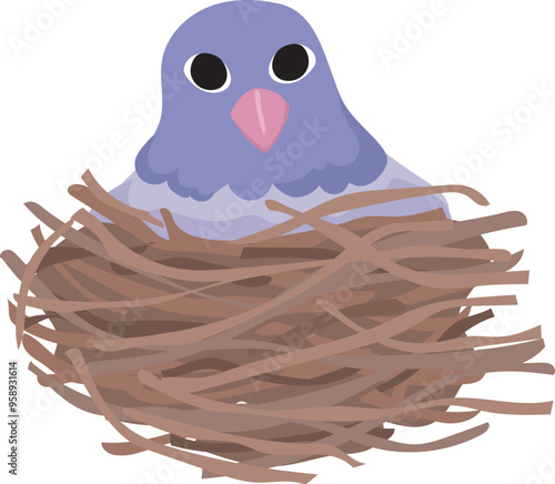 Cartoon purple bird in the nest illustration on transparent background.
