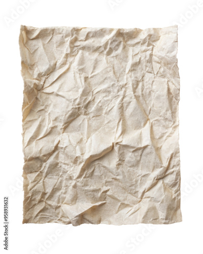 Crumpled beige paper texture with visible wrinkles, creating a natural, uneven surface perfect for background or artistic use. Isolated on transparent background, png.