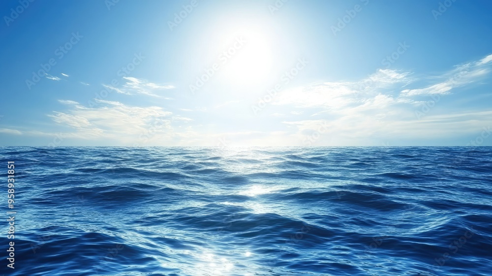 Deep blue ocean waves under a clear sky, sunlight reflecting on the water surface Deep blue ocean waves under a clear sky, sunlight reflecting on the water surface