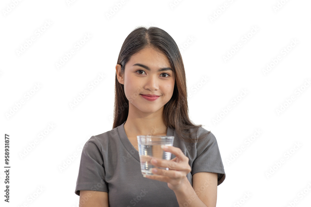 Young Asian woman holding glass of water isolated on white background Young Asian woman holding glass of water isolated on white background