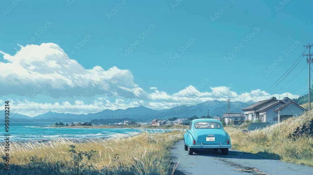 Obraz premium A still moment with an old blue car on an ocean road, mountains and houses in the distance, clear skies.