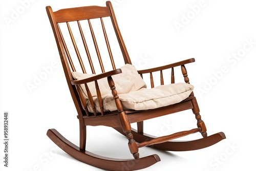 A classic wooden rocking chair with a comfortable cushion, perfect for relaxation and enjoying moments in style.