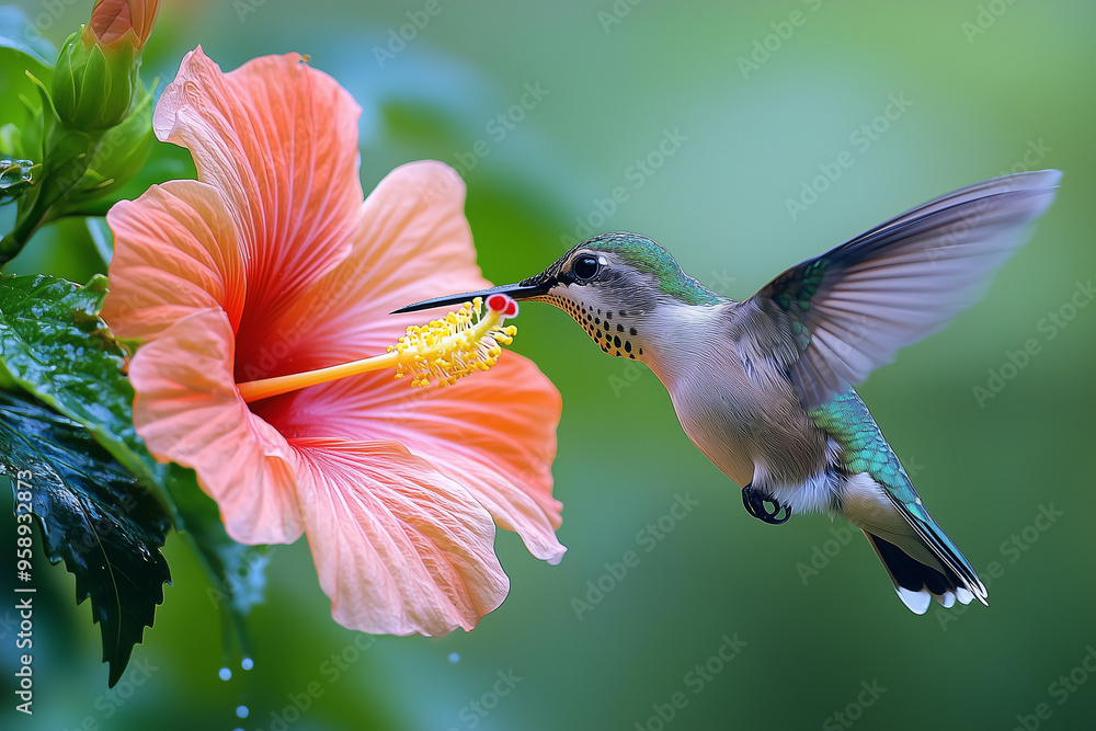 Naklejka premium Delicate nectar-feeding sugar bird hovering beside a peachy pink hibiscus flower drinking. Mottled green lush nature background with copy space.