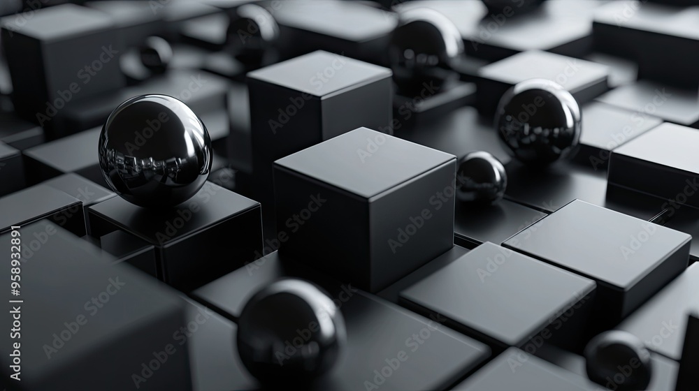 Dynamic 3D abstract background with interlocking cubes and spheres in a monochromatic palette. Great for tech or futuristic-themed visuals Dynamic 3D abstract background with interlocking cubes and spheres in a monochromatic palette. Great for tech or futuristic-themed visuals