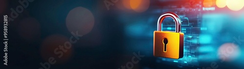 A close-up of a gold padlock symbolizing security and protection in a digital environment with blurred lights.