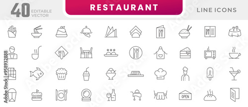 Restaurant menu line icon collection. Food and drink, table, chef, cooking, delivery, drink, water, kitchen, restaurant cafe menu, dishes, fruits, fastfood icon set. UI outline icon pack