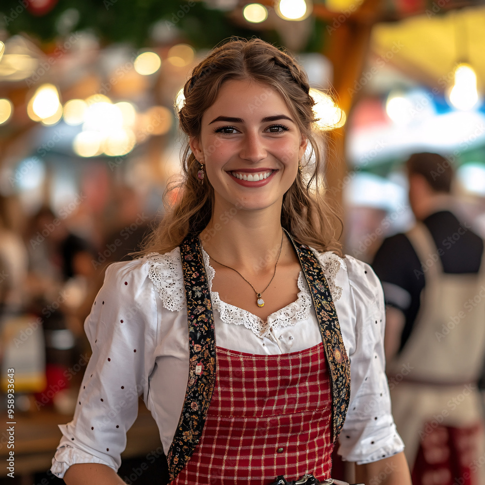 Obraz premium Cheerful Woman in Traditional German Attire Holding Beer Steins at Oktoberfest Festival, Smiling Waitress in Bavarian Costume Celebrating German Culture in Festive Event Setting