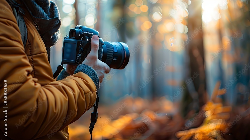 Man holding a camera taking pictures of nature 50mm f/1.8 lens, f/5.6 aperture, ISO 100 and natural light, half body photograph, realistic textures .generative ai Man holding a camera taking pictures of nature 50mm f/1.8 lens, f/5.6 aperture, ISO 100 and natural light, half body photograph, realistic textures .generative ai