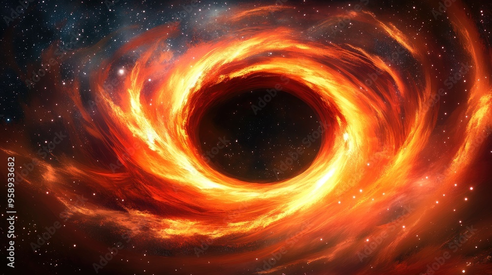 A vibrant depiction of a black hole surrounded by fiery cosmic elements. A vibrant depiction of a black hole surrounded by fiery cosmic elements.