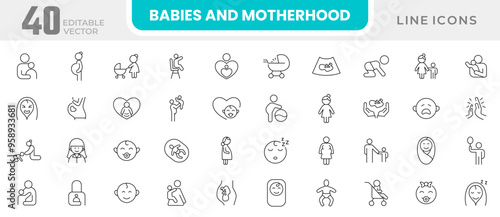 Babies and motherhood line icon collection. Pregnancy, pregnant, mom, mother, prenatal care, kid, children, parenthood, baby, children, family, child care, gynecology icon set. UI outline icon pack