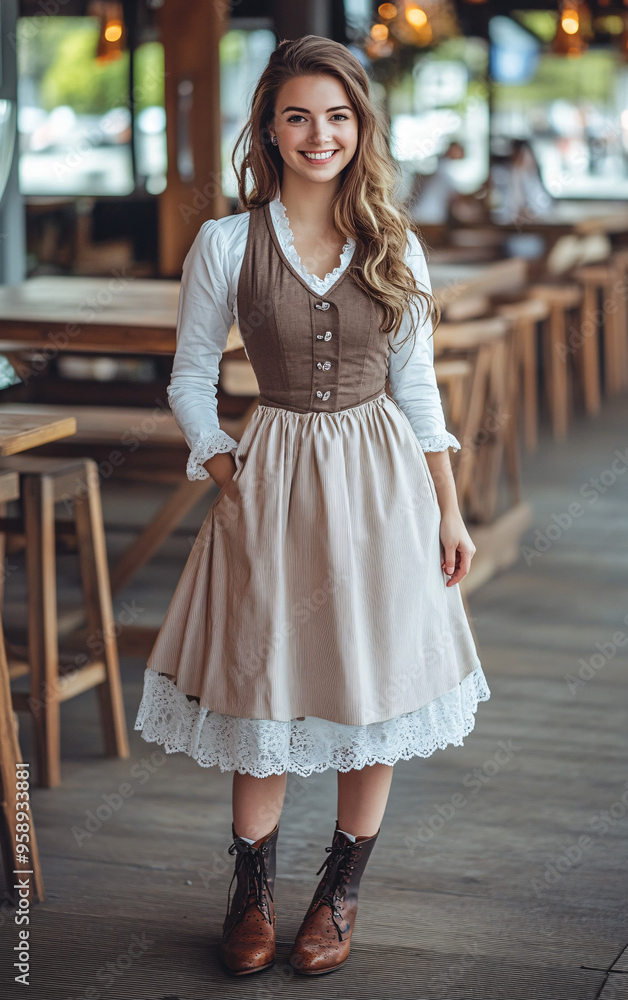 Fototapeta premium Cheerful Woman in Traditional German Attire Holding Beer Steins at Oktoberfest Festival, Smiling Waitress in Bavarian Costume Celebrating German Culture in Festive Event Setting