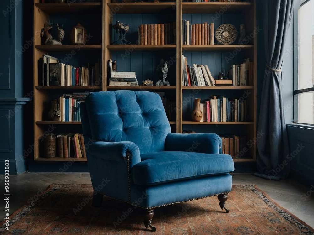 A cozy blue armchair positioned in front of a well-stocked bookshelf, inviting relaxation. A cozy blue armchair positioned in front of a well-stocked bookshelf, inviting relaxation.