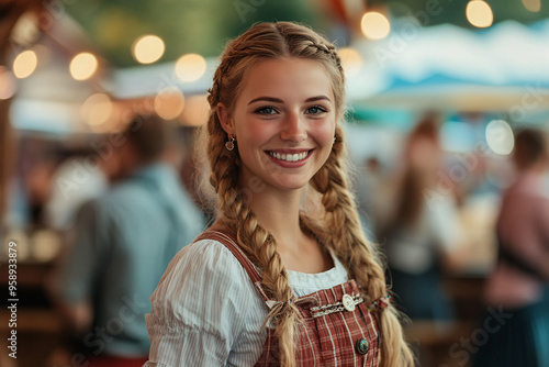 Cheerful Woman in Traditional German Attire Holding Beer Steins at Oktoberfest Festival, Smiling Waitress in Bavarian Costume Celebrating German Culture in Festive Event Setting
