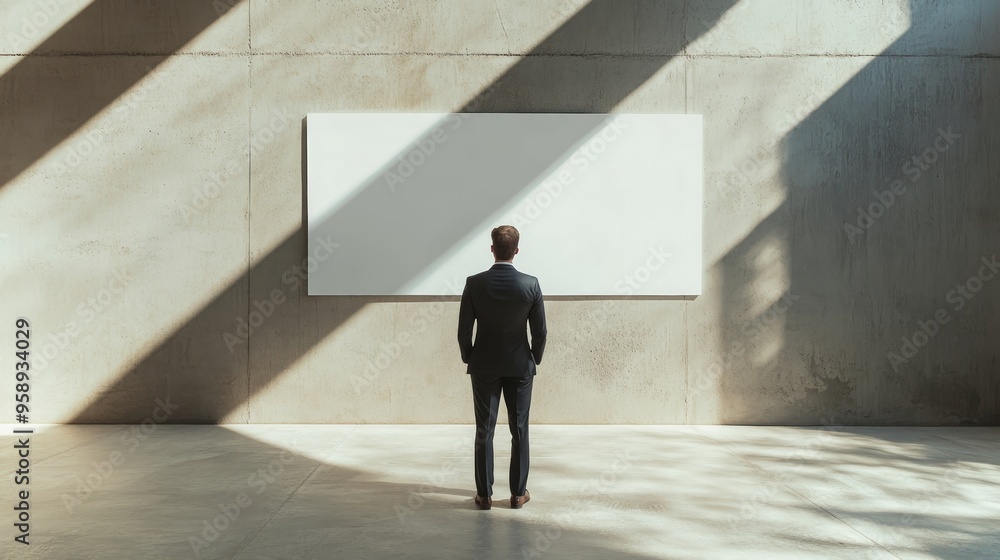 Businessman in suit back view looking at blank white banner with place for your logo or text on light grey wall in sunlit spacious hall with concrete design, mock up Businessman in suit back view looking at blank white banner with place for your logo or text on light grey wall in sunlit spacious hall with concrete design, mock up