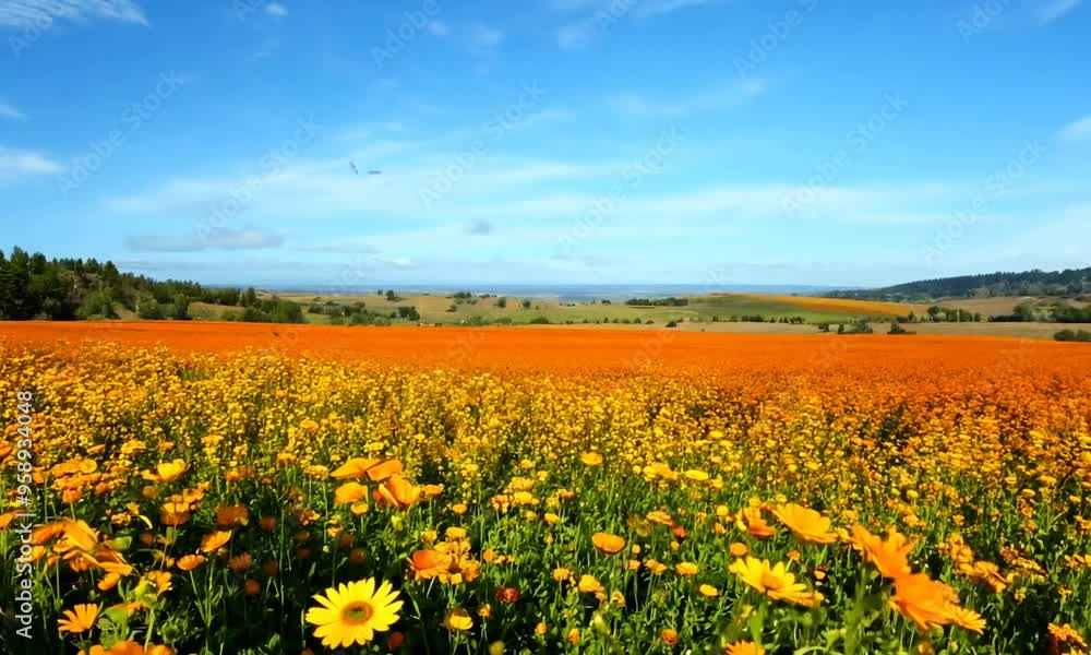 Blooming field of wildflowers under a clear blue sky with distant rolling hills and bright sunlight Blooming field of wildflowers under a clear blue sky with distant rolling hills and bright sunlight
