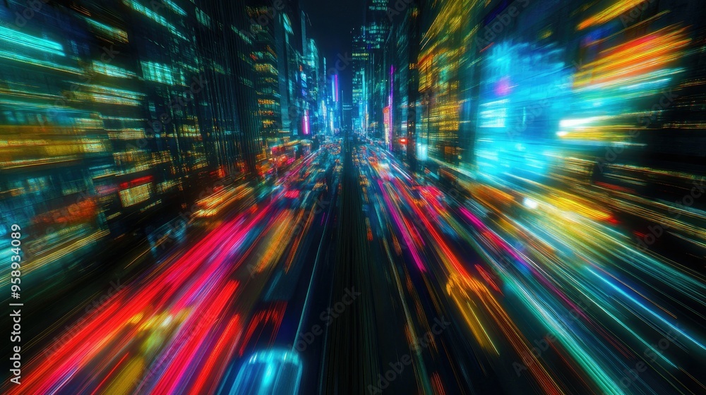 Dynamic abstract light trails over a cityscape, combining vibrant neon colors and blurred urban lights for a futuristic effect. Dynamic abstract light trails over a cityscape, combining vibrant neon colors and blurred urban lights for a futuristic effect.