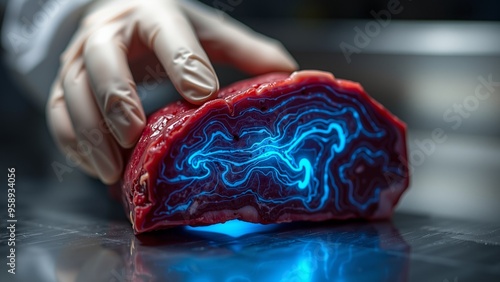 Close-up photo of red meat touch by a gloved hand on stainless steel. Blue light glowing from inside the meat, creating a surreal and mysterious scene. Perfect for science fiction or fantasy visuals. photo