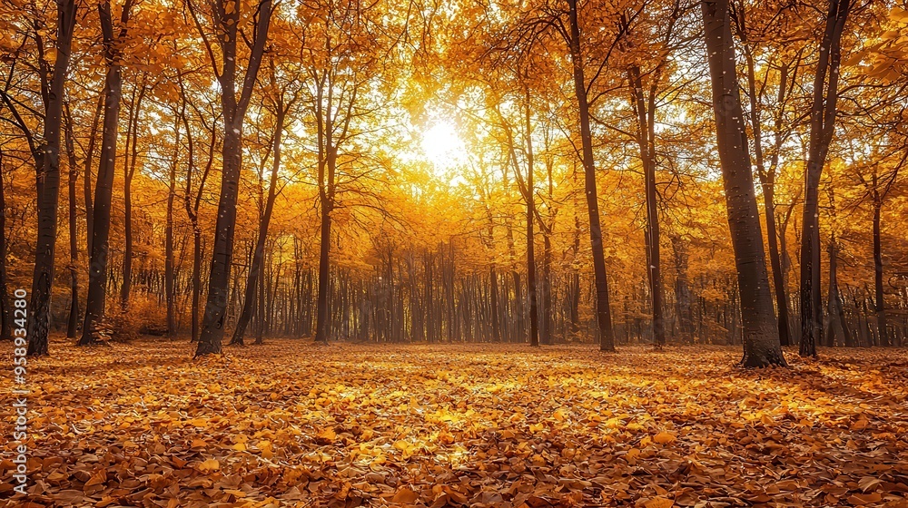 Sunbeams illuminate a forest path covered in golden autumn leaves. Sunbeams illuminate a forest path covered in golden autumn leaves.