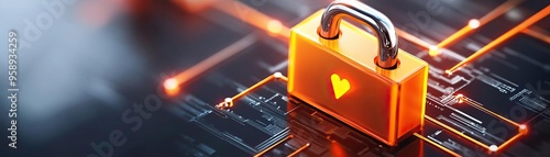 A golden padlock with a heart symbol, representing security and love in a digital age. Ideal for concepts of safety and connection. photo