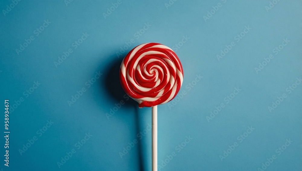 A decorative Christmas lollipop on a blue background, providing a top-down view for design space. A decorative Christmas lollipop on a blue background, providing a top-down view for design space.
