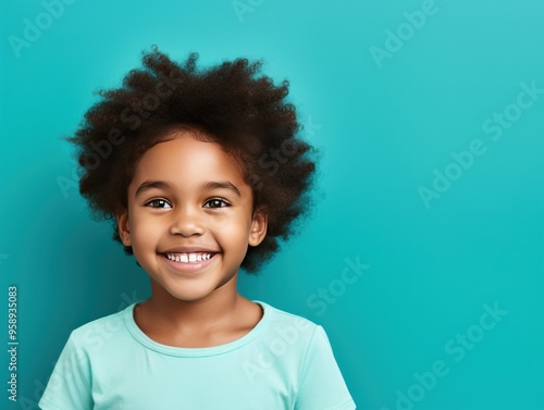 Teal background Happy european white child realistic person portrait of young beautiful Smiling child Isolated on Background Banner with copyspace 