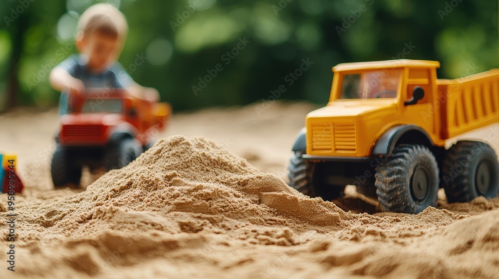 A child playing in the sand with toy trucks, enjoying outdoor fun and creativity during sunny playtime. A child playing in the sand with toy trucks, enjoying outdoor fun and creativity during sunny playtime.