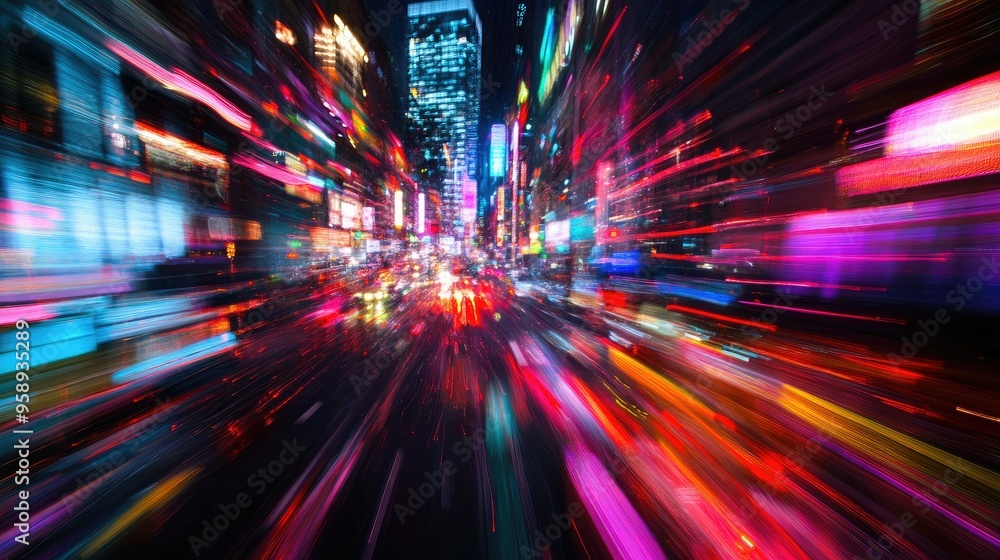 Dynamic city background with colorful motion light trails, capturing the essence of speed and modernity in an abstract format. Dynamic city background with colorful motion light trails, capturing the essence of speed and modernity in an abstract format.