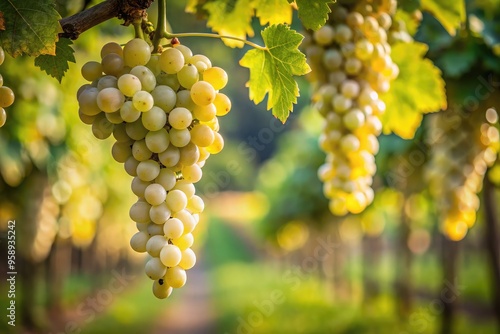 Realistic macro photography of a bunch of white grapes hanging on a grapevine in a lush vineyard, with a soft, blurred background of green leaves and twigs