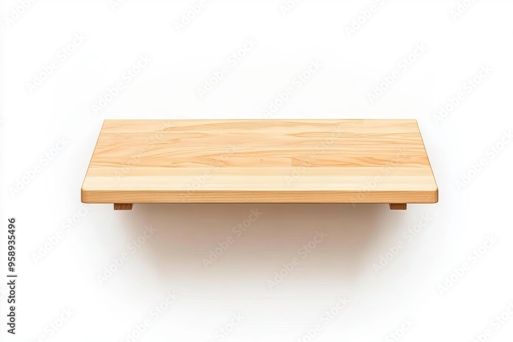 A simple, modern wooden shelf isolated on a white background, perfect for home decor and minimalist design. A simple, modern wooden shelf isolated on a white background, perfect for home decor and minimalist design.